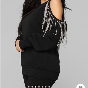 Black one shoulder sweater with rhinestone fringe